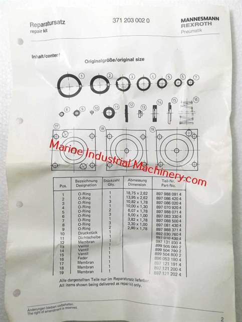 Mannesmann Rexroth 371 203 002 0 Pneumatic Repair Kit