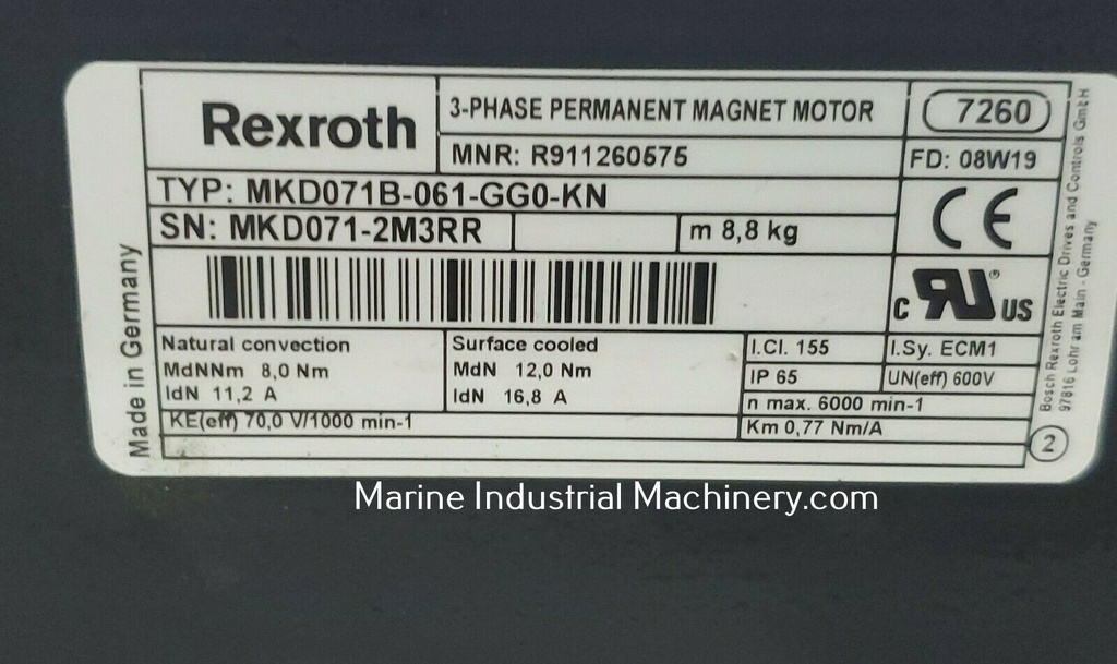 Rexroth MKD071B-061-GG0-KN 3 Phase Permanent Magnet Servo Motor