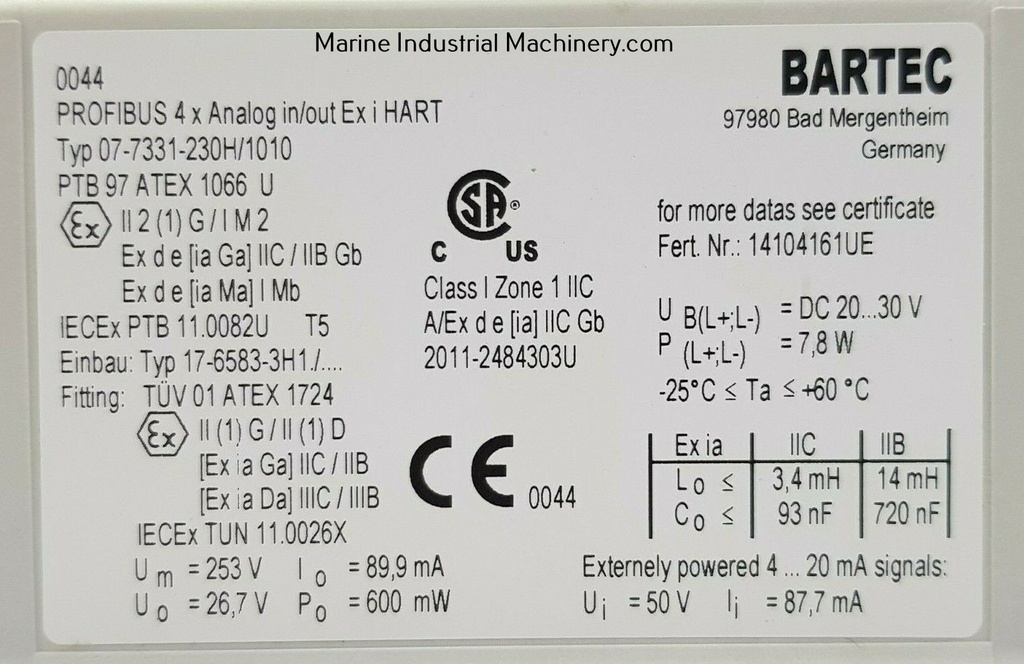 Bartec 07-7331-230H/1010 Profibus Interface 4 x Analog In/Out Ex i HART